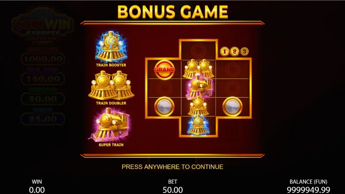 Interface do jogo Coin Win Express com locomotiva dourada e símbolos clássicos