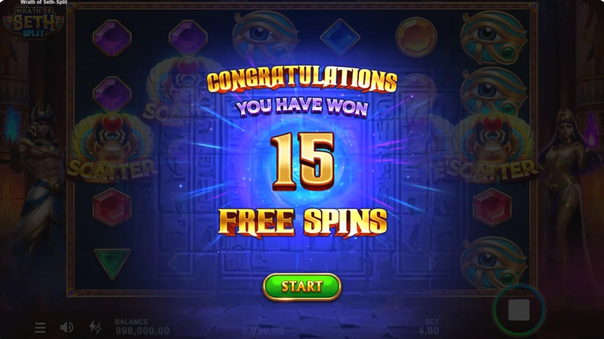 Interface do slot Wrath of Seth – Split com símbolos egípcios e multiplicadores